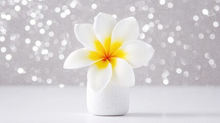 Single white plumeria blossom in vase, bokeh background, spa, serenity
