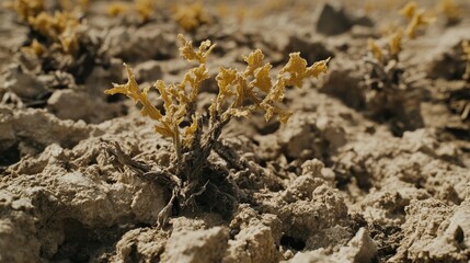 Dried Plant in Arid Landscape Close-up Composition, Beige Tones, Resilience Concept, arid plants, desert flora