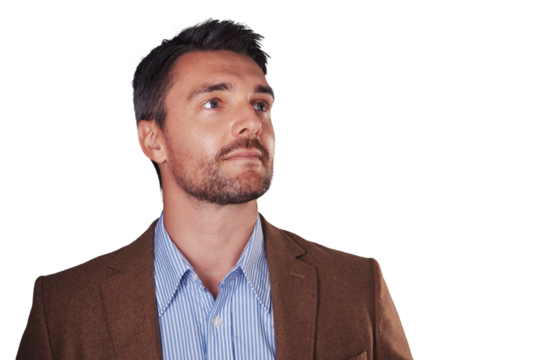 Thinking, serious and business man with idea, solution and decision isolated on a transparent png background. Vision, inspiration and consultant dream of future, planning strategy and problem solving