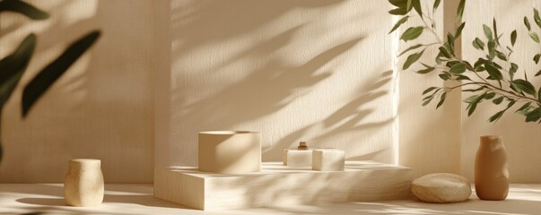 Sunlit beige studio, product display, minimalist scene, botanical accents, advertising