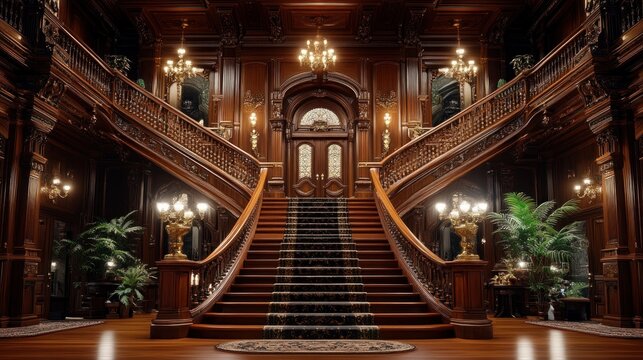 Grand Mansion's Double Staircase, Interior, Entryway, Luxury