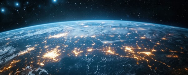 Obraz premium Night Earth viewed from space; city lights, starry background; global connectivity