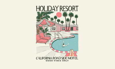Palm springs watercolor graphic print design for t shirt print, poster, sticker, background and other uses. America vintage resort artwork. Palm tree with swimming pool colorful retro print artwork.