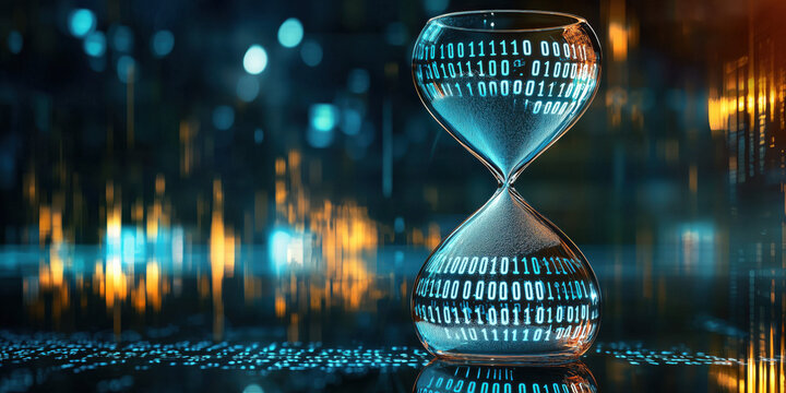 Digital matrix hourglass with binary coding for future ai time travel, digital communication, technology constantly improving. traditional hourglass with computer code data streaming light effect