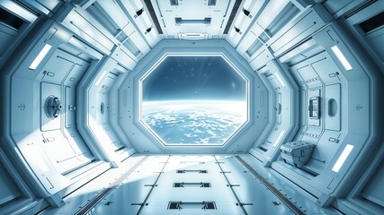 A long, narrow spaceship corridor with a large octagonal window at the far end, showing a view of Earth from space. The corridor is brightly lit and features a clean, minimalist design.
