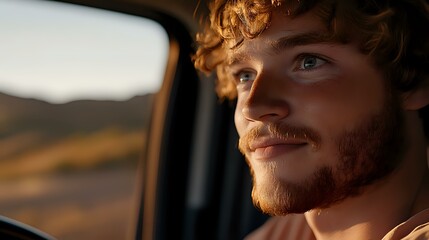 Young caucasian man with curly ginger hair and beard looking through car window during sunset, warm golden light illuminating thoughtful expression.