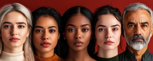 Obraz premium Diverse adults pose against red; unity, inclusion