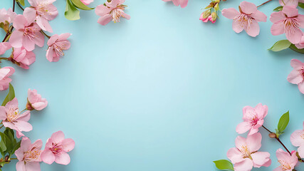 Fototapeta premium Spring flower frame on blue background