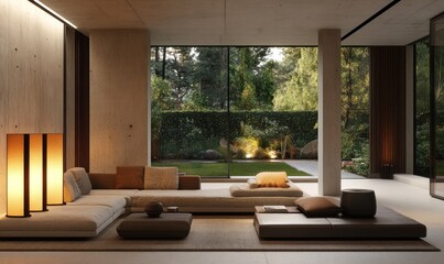Fototapeta premium Modern Minimalist Living Room Design with Garden View