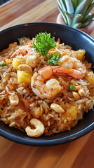 Hawaiian pineapple fried rice with cashews and shrimp.