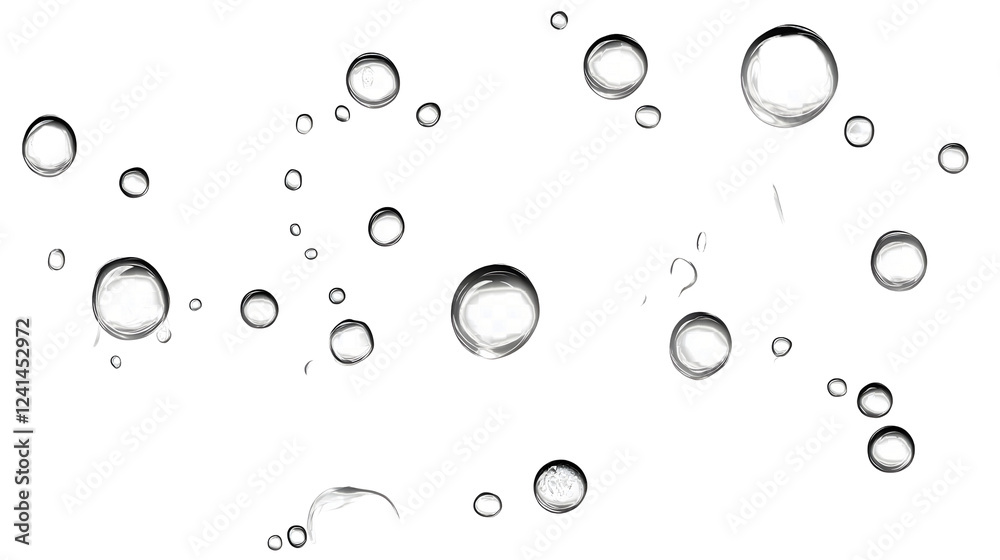 Poster Tranquil bubbles gently floating on a glassy clear water surface with a minimalist clean and peaceful background  The transparent spherical droplets create a serene and soothing atmosphere