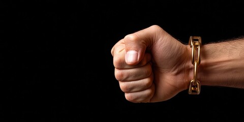 A clenched fist adorned with a gold handcuff symbolizes defiance and resistance against oppression.