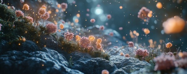 Obraz premium Glowing flowers fall on rocks, fantasy landscape, background bokeh, game design