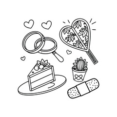 Valentine's Day Doodle Det, Wedding Rings and Heart-Shaped Cake
