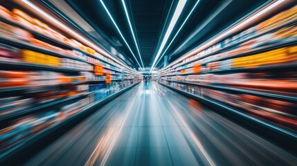 Fast motion supermarket aisle, shopper blurred, product shelves, retail, advertising