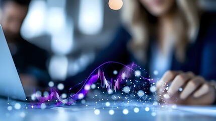 Young businesswoman working on laptop with glowing purple financial chart overlay, data visualization and market analysis concept for business growth.