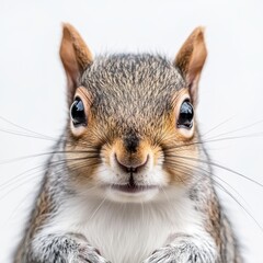 Close-up of a fluffy gray squirrel, looking directly at the camera.