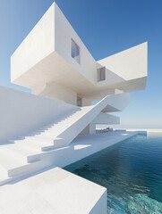 Modern white architecture, minimalist design, infinity pool.