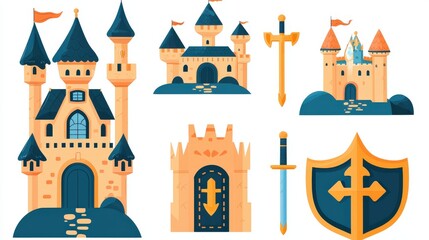 Simple Flat Design of Enchanting Medieval Castle with Sword and Shield Elements in Clipart Style