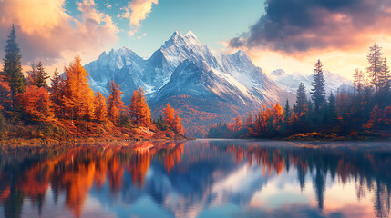 Fototapeta premium Serene Autumn Sunrise over Majestic Mountain Lake and Snow-Capped Peaks