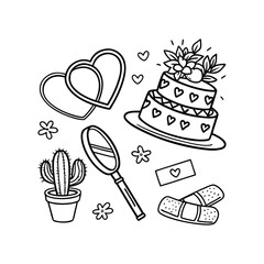 Valentine's Day Doodle Det, Wedding Rings and Heart-Shaped Cake
