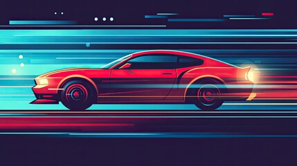 A fast red car on the road, highlighted by the night lights behind it