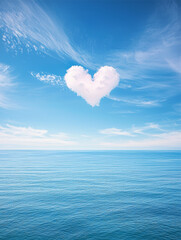 Heart-shaped cloud over tranquil ocean under a blue sky.