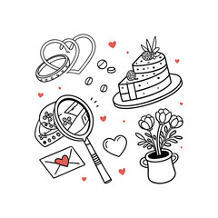 Valentine's Day Doodle Det, Wedding Rings and Heart-Shaped Cake
