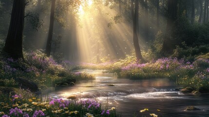 Obraz premium Enchanting Forest Landscape with Sunlight Streaming Through Trees