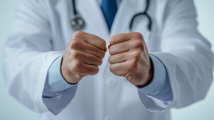 closeup doctor's hands clench into fists in white medical coat, abstract, treatment, fighting spirit