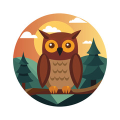 Beautiful Owl on Branch at Sunset ? Vector Illustration, Cartoon, Clipart & Line Art.eps