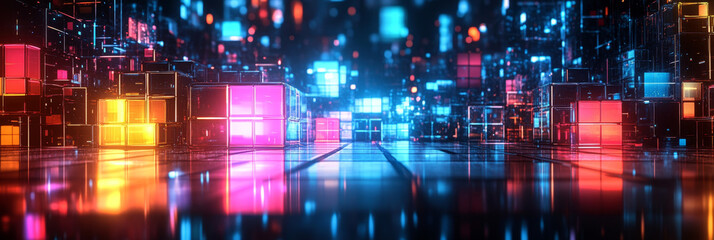 Neon city: glowing cubes reflect in a futuristic cityscape.