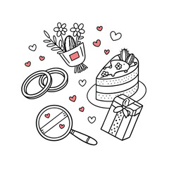 Valentine's Day Doodle Det, Wedding Rings and Heart-Shaped Cake
