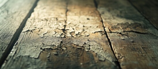 Obraz premium Weathered wood planks, peeling paint, sunlit, textured surface, rustic background
