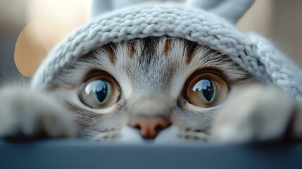 Close up portrait of curious cat with bright blue eyes peeking from under warm knitted gray winter hat, looking directly at camera with playful expression.