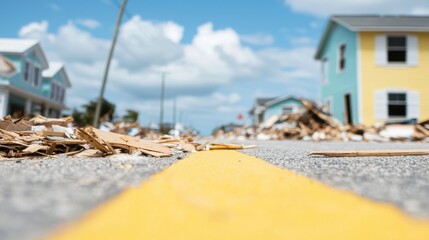 Obraz premium Desolate Street View of Damaged Homes After Natural Disaster with Debris and Blue Sky in Background