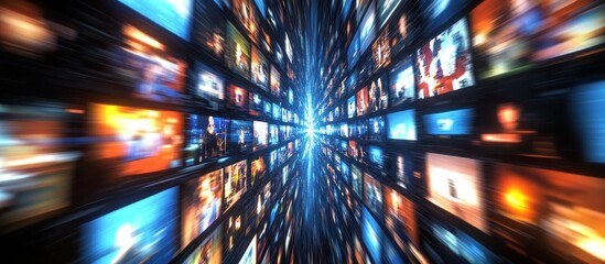 Digital media tunnel; screens streaming; fast motion; bright background; website banner