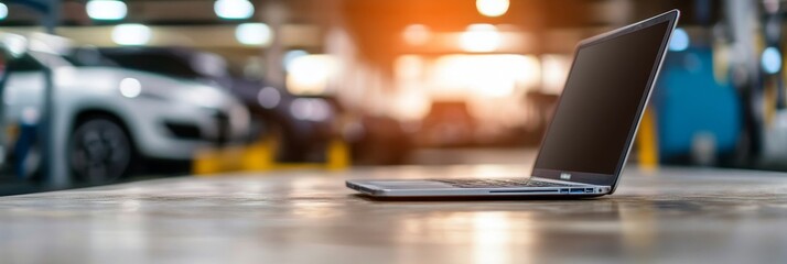 Sleek Laptop on a Wooden Table in a Busy Garage