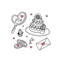 Valentine's Day Doodle Det, Wedding Rings and Heart-Shaped Cake

