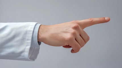 doctor's hand points to the side in hospital white lab coat on white background, for advertising purposes