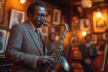  Lively jazz band performing on a warmly lit stage, with a saxophonist in a stylish suit playing a soulful melody in honor of Black musical heritage.