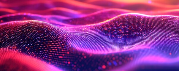Abstract digital wave, glowing particles, vibrant hues, dark background, tech design