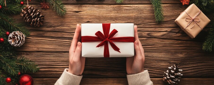 Hands holding a wrapped gift with string bow
