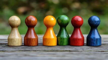 Colorful game pieces outdoors, diversity concept, blurred background, teamwork
