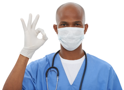 Black man, portrait and doctor with OK sign, mask and gloves isolated on a transparent PNG background. African male person, nurse or medical professional with like emoji, yes sign or health success