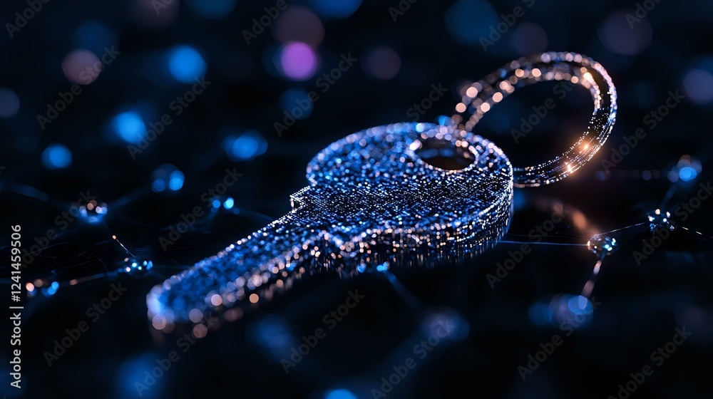 Poster glowing key with water drops on dark background illuminated by blue light creating magical atmospher