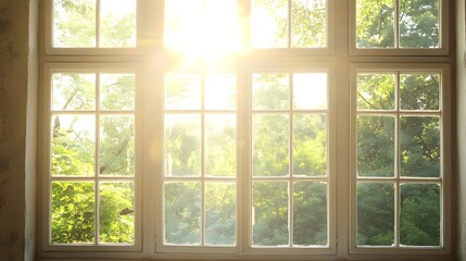 Sunlight Streaming Through Vintage Window Surrounded by Lush Nature