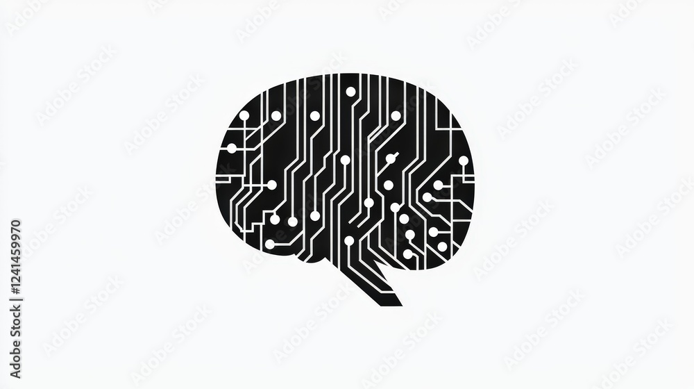 Wall mural minimalist black and white logo design featuring circuit pattern in brain shape on clean background