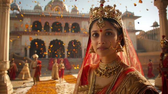 Empress Rani Lakshmibai of Jhansi, adorned in traditional royal Indian attire with intricate gold and silk patterns, wearing a regal crown, standing in a beautifully decorated palace courtyard.