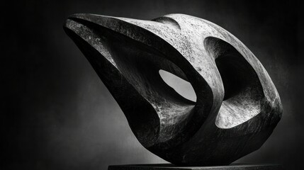 A dramatic black-and-white sculpture, side view, emphasizing its aggressive form, with precise detail captured by a 55mm lens.